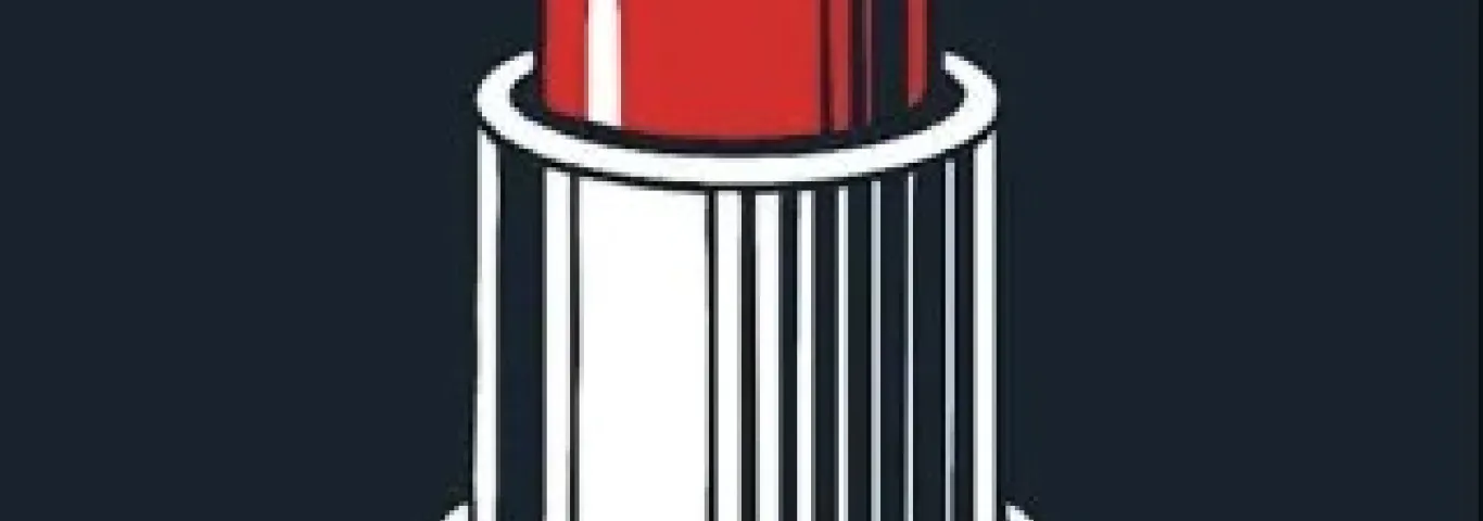 Book cover, tube of red lipstick in the center. Object Lessons lipstick- Eileen G'Sell