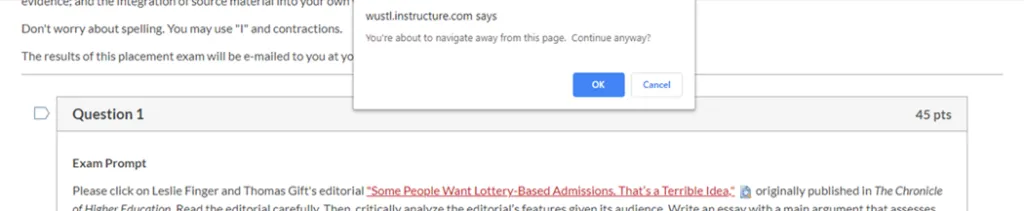 the Writing Placement Exam instructions has an article link that causes a pop up when clicked
