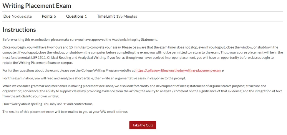 the Writing Placement Exam has a button under the instructions to 