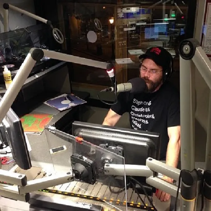 Nathaniel Farrell on air at the radio station